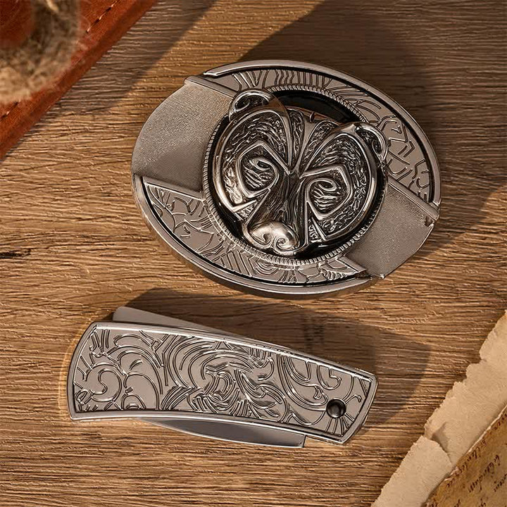 Cintura in pelle con fibbia a coltello pieghevole nascosto fai-da-te a forma di testa d'orso guardiano tribale in argento. - image 2
