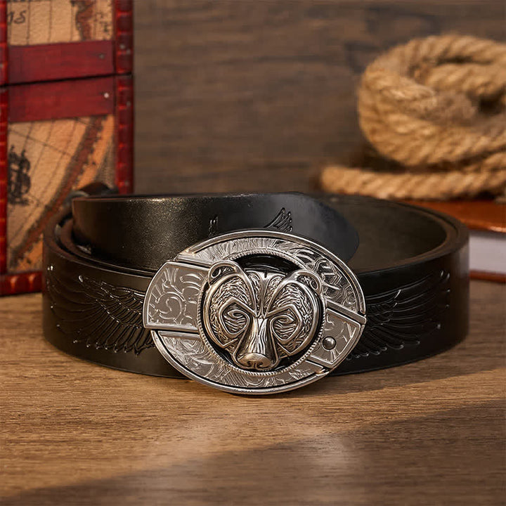 Cintura in pelle con fibbia a coltello pieghevole nascosto fai-da-te a forma di testa d'orso guardiano tribale in argento. - Orso - Cintura nera con aquila in rilievo - 42 - image 3