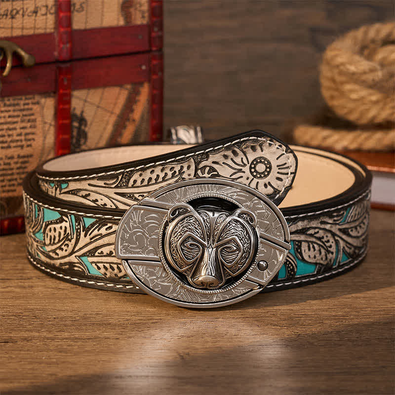 Cintura in pelle con fibbia a coltello pieghevole nascosto fai-da-te a forma di testa d'orso guardiano tribale in argento. - Orso - Cintura grigia a fiori - 42 - image 9