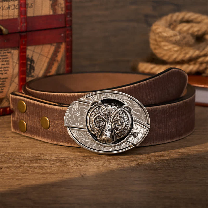 Cintura in pelle con fibbia a coltello pieghevole nascosto fai-da-te a forma di testa d'orso guardiano tribale in argento. - Orso - Cintura marrone effetto invecchiato - 42 - image 7