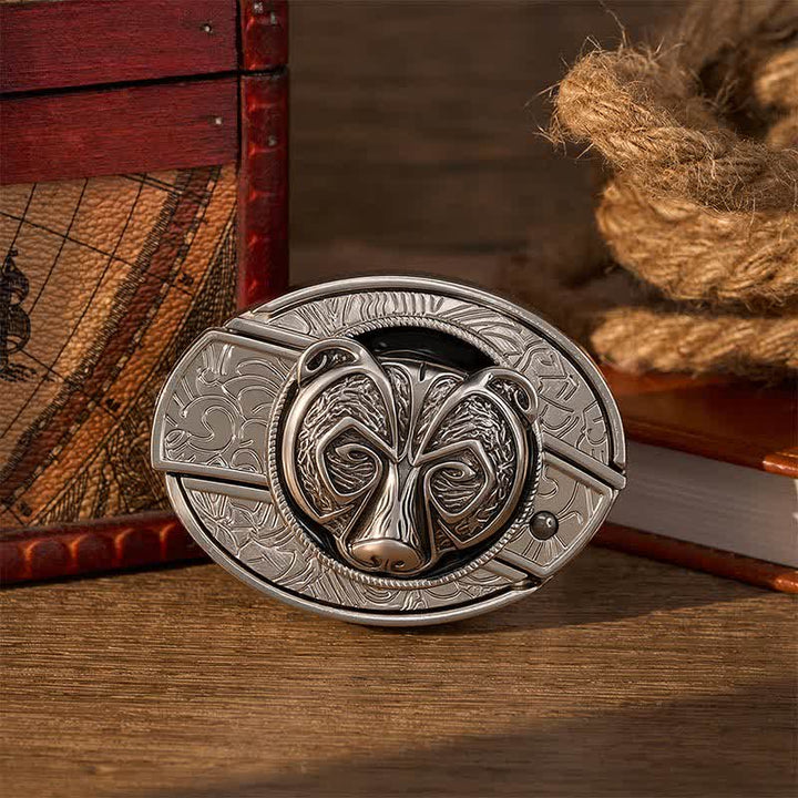 Cintura in pelle con fibbia a coltello pieghevole nascosto fai-da-te a forma di testa d'orso guardiano tribale in argento. - Orso - Senza cintura - Cintura non inclusa - image 0
