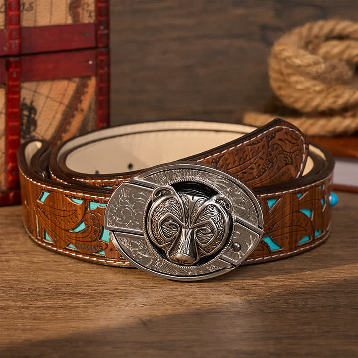Cintura in pelle con fibbia a coltello pieghevole nascosto fai-da-te a forma di testa d'orso guardiano tribale in argento. - Orso - Cintura turchese intagliata - 42 - image 4