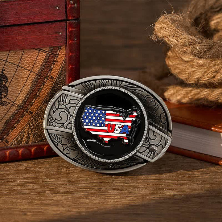 Cintura in pelle con fibbia a coltello pieghevole nascosta, mappa degli Stati Uniti e bandiera americana, orgoglio americano. - Bandiera degli Stati Uniti - Senza cintura - Cintura non inclusa - image 0