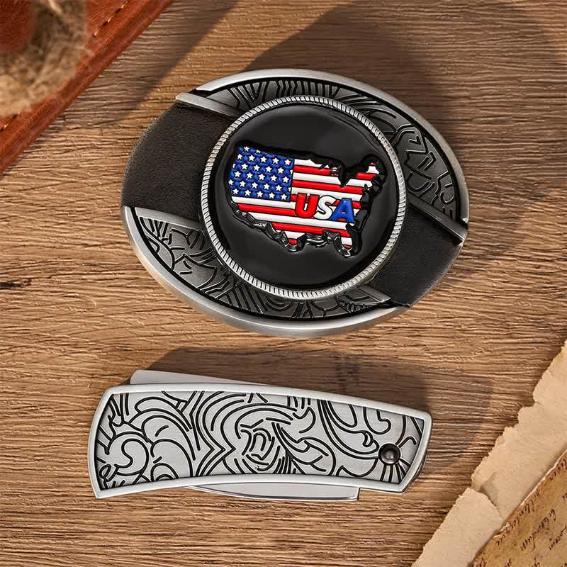 Cintura in pelle con fibbia a coltello pieghevole nascosta, mappa degli Stati Uniti e bandiera americana, orgoglio americano. - image 9