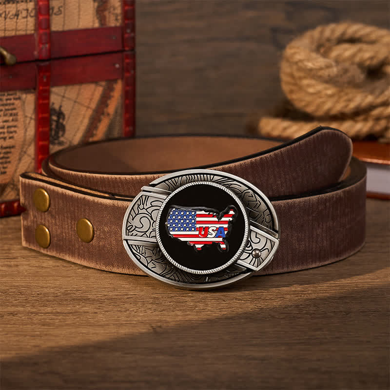 Cintura in pelle con fibbia a coltello pieghevole nascosta, mappa degli Stati Uniti e bandiera americana, orgoglio americano. - Bandiera degli Stati Uniti - Cintura marrone effetto invecchiato - 42 - image 5
