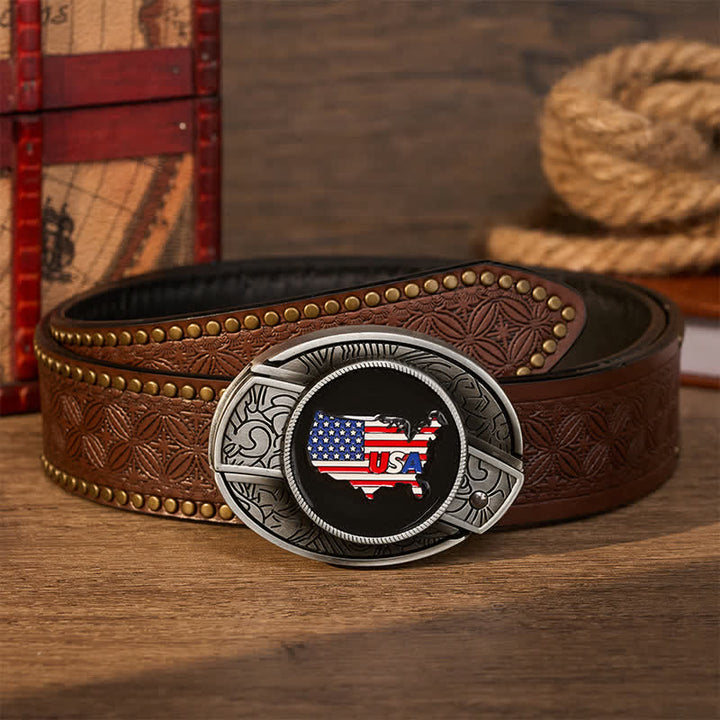 Cintura in pelle con fibbia a coltello pieghevole nascosta, mappa degli Stati Uniti e bandiera americana, orgoglio americano. - Bandiera degli Stati Uniti - Cintura con rivetti marroni - 42 - image 4