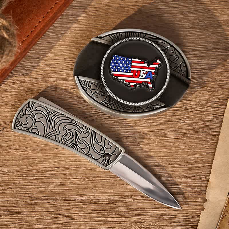 Cintura in pelle con fibbia a coltello pieghevole nascosta, mappa degli Stati Uniti e bandiera americana, orgoglio americano. - image 1