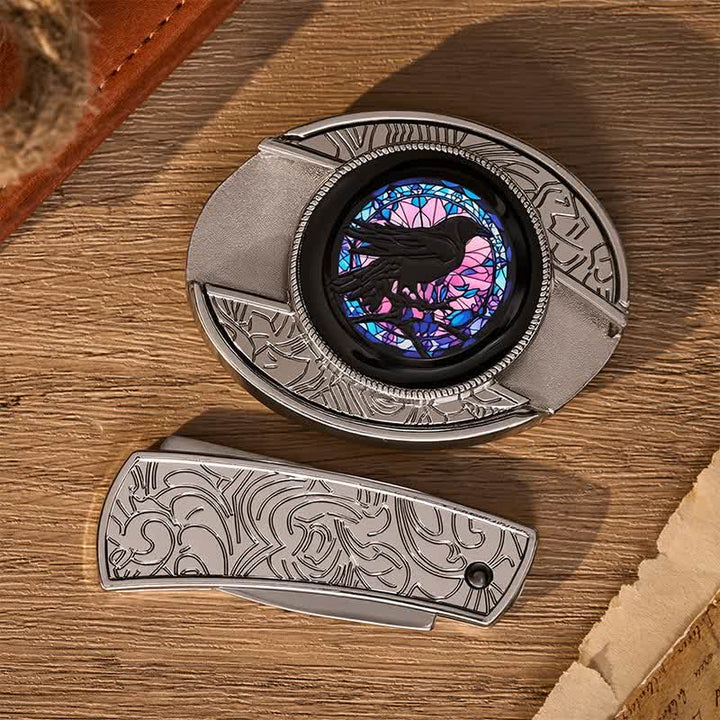 Cintura in pelle con fibbia a coltello pieghevole nascosto fai-da-te Midnight Raven's Window - image 10