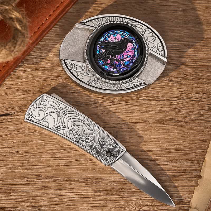 Cintura in pelle con fibbia a coltello pieghevole nascosto fai-da-te Midnight Raven's Window - image 1