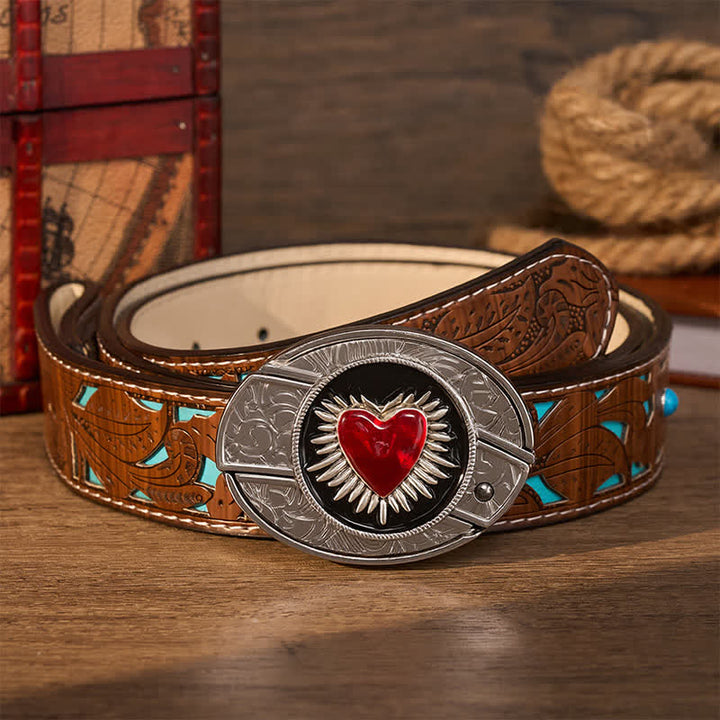 Cintura in pelle con fibbia a coltello pieghevole nascosto fai-da-te a forma di cuore rosso fiammeggiante - Sacro Cuore Rosso - Cintura turchese intagliata - 42 - image 3