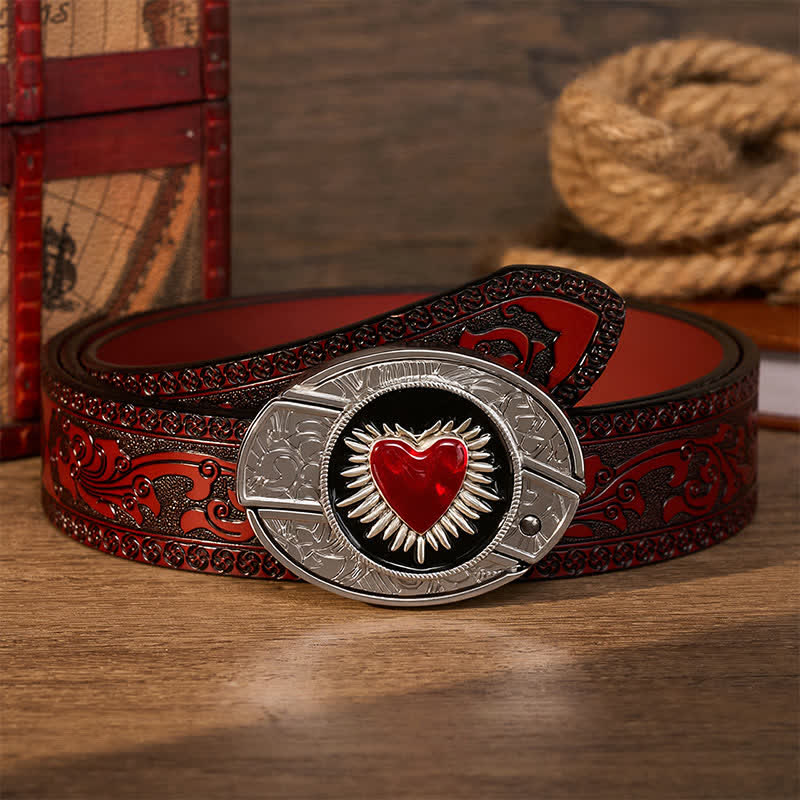 Cintura in pelle con fibbia a coltello pieghevole nascosto fai-da-te a forma di cuore rosso fiammeggiante - Sacro Cuore Rosso - Cintura intagliata marrone - 42 - image 6