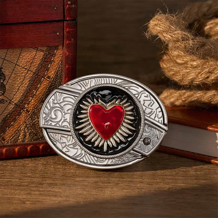 Cintura in pelle con fibbia a coltello pieghevole nascosto fai-da-te a forma di cuore rosso fiammeggiante - Sacro Cuore Rosso - Senza cintura - Cintura non inclusa - image 0