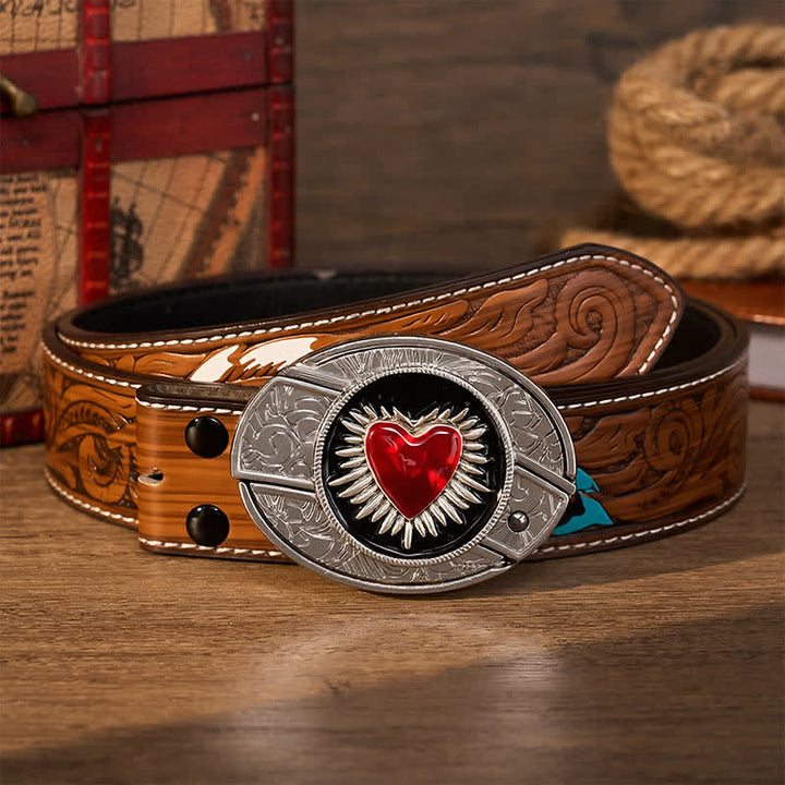 Cintura in pelle con fibbia a coltello pieghevole nascosto fai-da-te a forma di cuore rosso fiammeggiante - Sacro Cuore Rosso - Cintura di piume marroni - 40 - image 7
