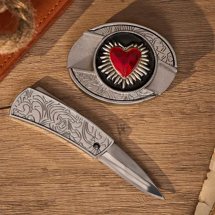 Cintura in pelle con fibbia a coltello pieghevole nascosto fai-da-te a forma di cuore rosso fiammeggiante - image 1