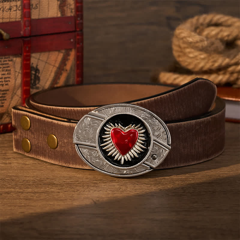 Cintura in pelle con fibbia a coltello pieghevole nascosto fai-da-te a forma di cuore rosso fiammeggiante - Sacro Cuore Rosso - Cintura marrone effetto invecchiato - 42 - image 5