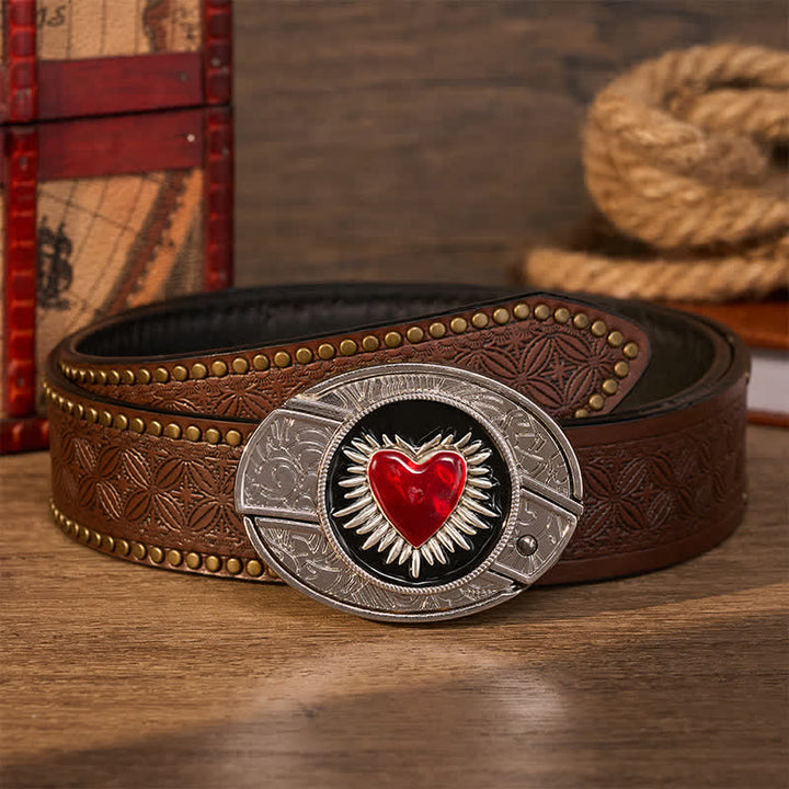 Cintura in pelle con fibbia a coltello pieghevole nascosto fai-da-te a forma di cuore rosso fiammeggiante - Sacro Cuore Rosso - Cintura con rivetti marroni - 42 - image 4