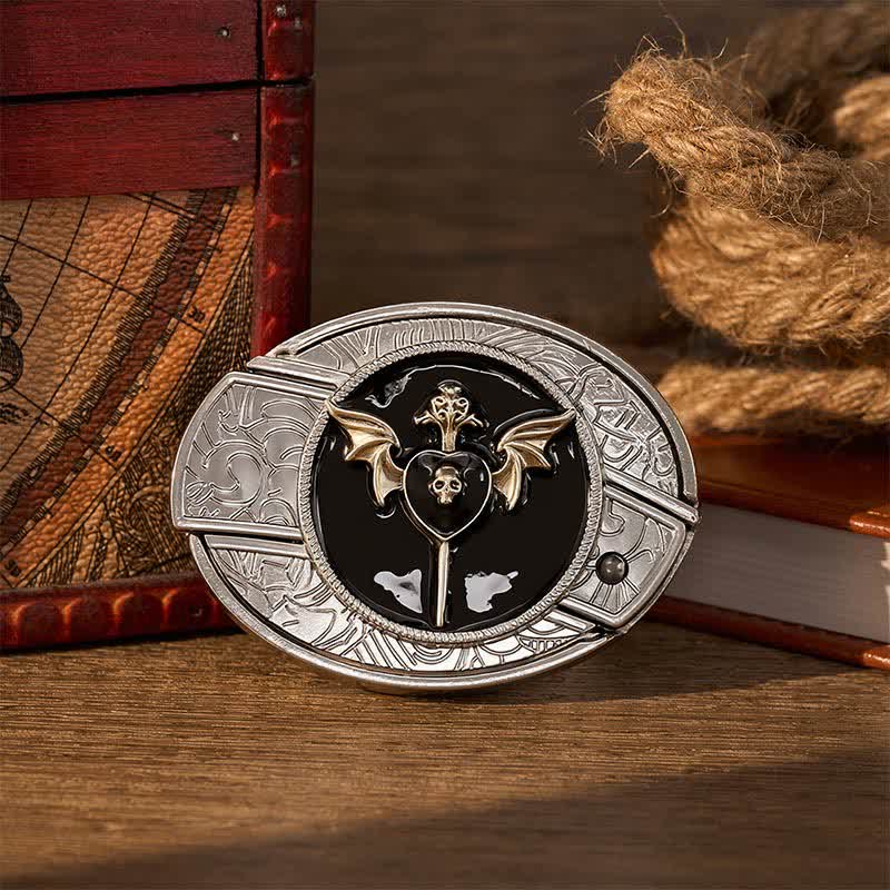 Cintura in pelle con fibbia a coltello pieghevole nascosto fai-da-te a forma di teschio e ala di pipistrello. - Amore oscuro - Senza cintura - Cintura non inclusa - image 0
