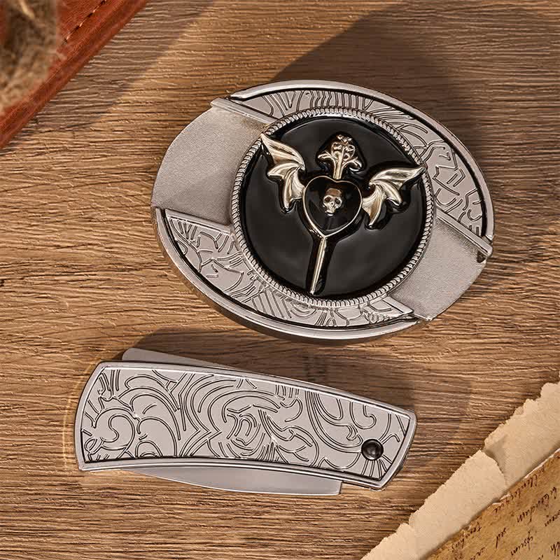 Cintura in pelle con fibbia a coltello pieghevole nascosto fai-da-te a forma di teschio e ala di pipistrello. - image 9