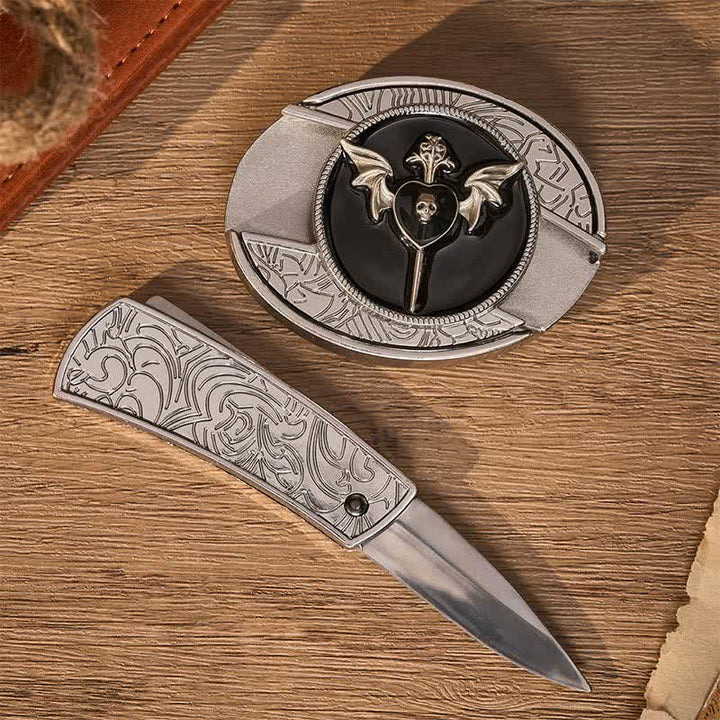 Cintura in pelle con fibbia a coltello pieghevole nascosto fai-da-te a forma di teschio e ala di pipistrello. - image 1