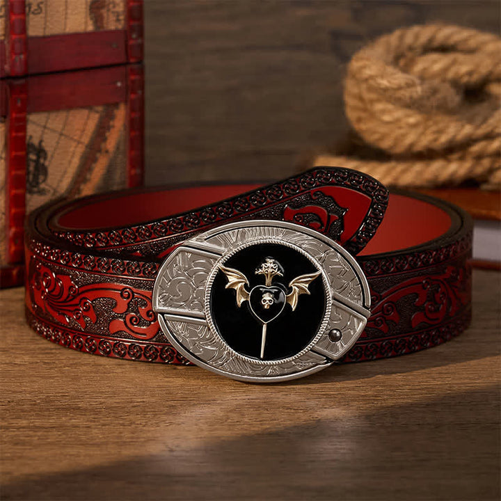 Cintura in pelle con fibbia a coltello pieghevole nascosto fai-da-te a forma di teschio e ala di pipistrello. - Amore oscuro - Cintura intagliata marrone - 42 - image 6