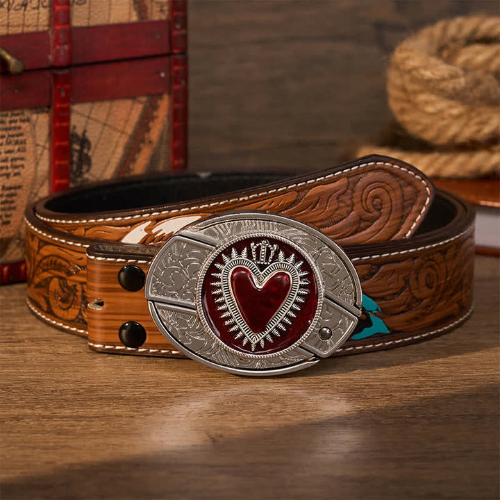 Cintura in pelle con fibbia a coltello pieghevole nascosto fai-da-te a forma di cuore con corona rossa - Cuore dalla corona rossa - Cintura di piume marroni - 40 - image 7