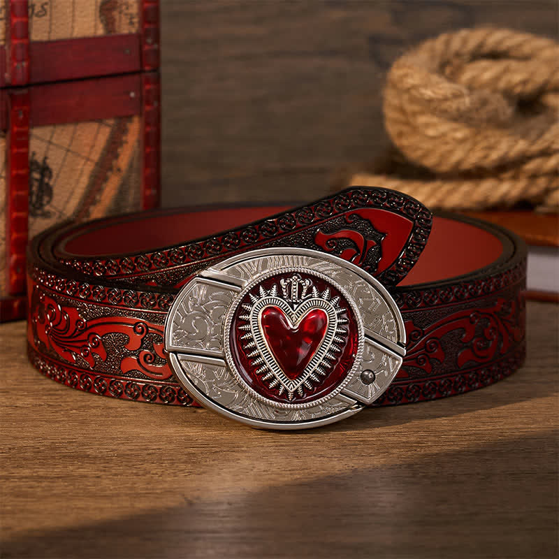 Cintura in pelle con fibbia a coltello pieghevole nascosto fai-da-te a forma di cuore con corona rossa - Cuore dalla corona rossa - Cintura intagliata marrone - 42 - image 6