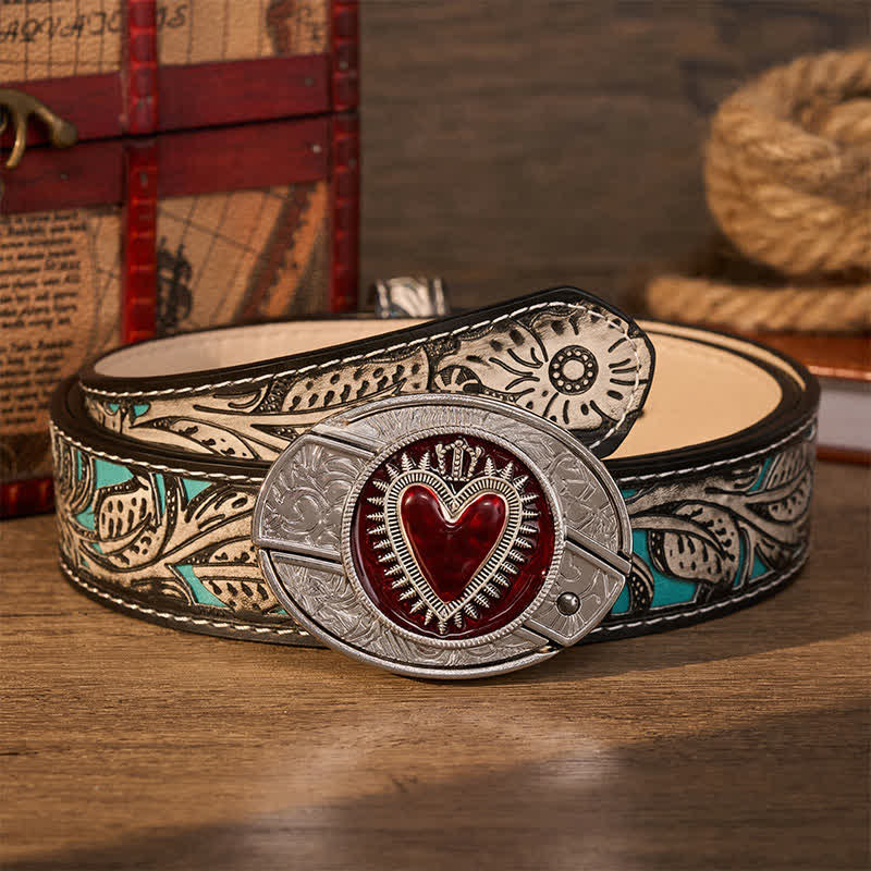 Cintura in pelle con fibbia a coltello pieghevole nascosto fai-da-te a forma di cuore con corona rossa - Cuore dalla corona rossa - Cintura grigia a fiori - 42 - image 8