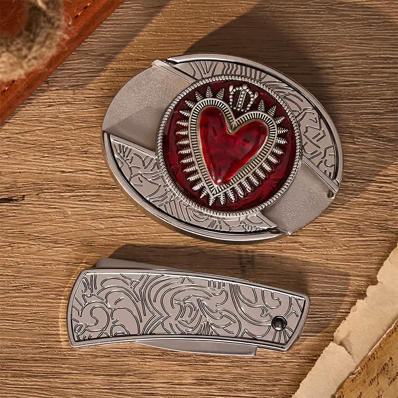 Cintura in pelle con fibbia a coltello pieghevole nascosto fai-da-te a forma di cuore con corona rossa - image 10