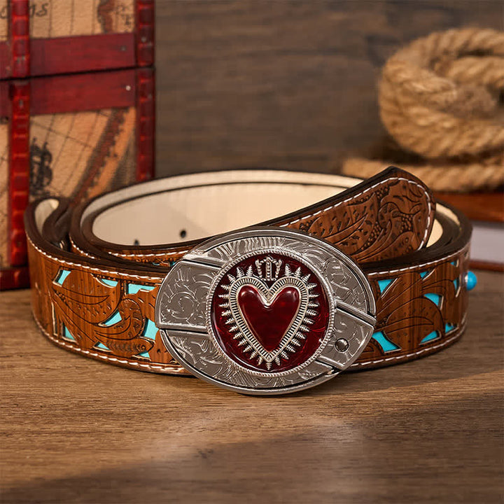 Cintura in pelle con fibbia a coltello pieghevole nascosto fai-da-te a forma di cuore con corona rossa - Cuore dalla corona rossa - Cintura turchese intagliata - 42 - image 3