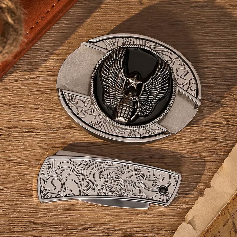 Fibbia per cintura in pelle con coltello pieghevole nascosto a forma di granata a stella alata fai-da-te - image 9