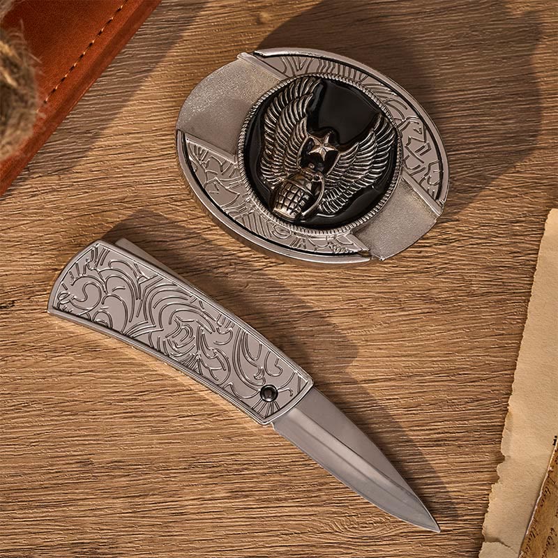 Fibbia per cintura in pelle con coltello pieghevole nascosto a forma di granata a stella alata fai-da-te - image 1