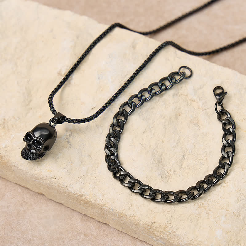 Set da uomo composto da collana con teschio nero e bracciale cubano (2 pezzi). - Nero - image 0