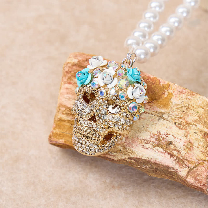 Collana con teschio di zucchero e perle, con strass di cristallo e fiori - image 3