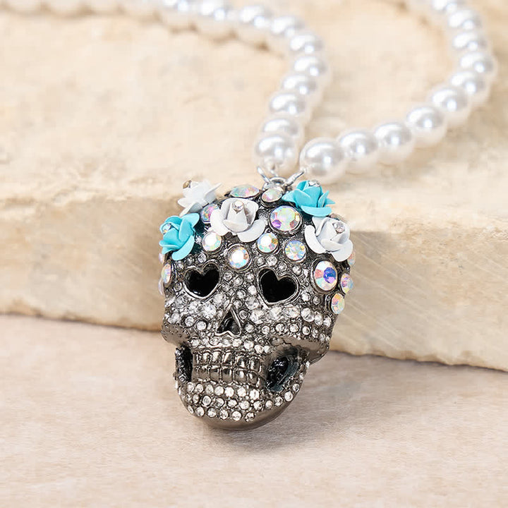 Collana con teschio di zucchero e perle, con strass di cristallo e fiori - Nero - image 4