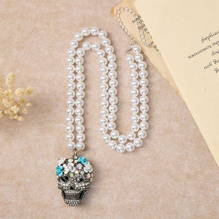 Collana con teschio di zucchero e perle, con strass di cristallo e fiori - image 5