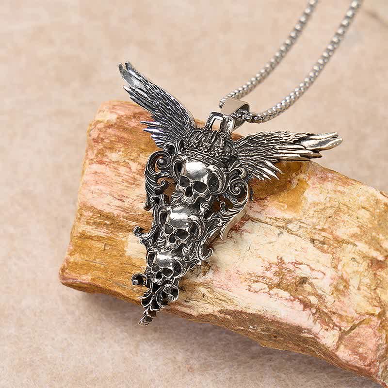 Collana gotica barocca con triplo teschio d'angelo caduto - Argento antico - image 0