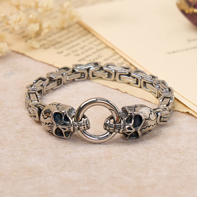 Bracciale da motociclista da uomo con doppia catena a teschio, pesante e spessa, stile King Chain. - Argento - 9,06" / 23 cm - image 0