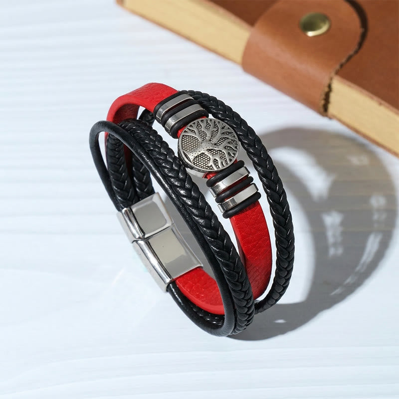 Braccialetto magnetico Western in pelle intrecciata nera con albero della vita - Rosso - image 0