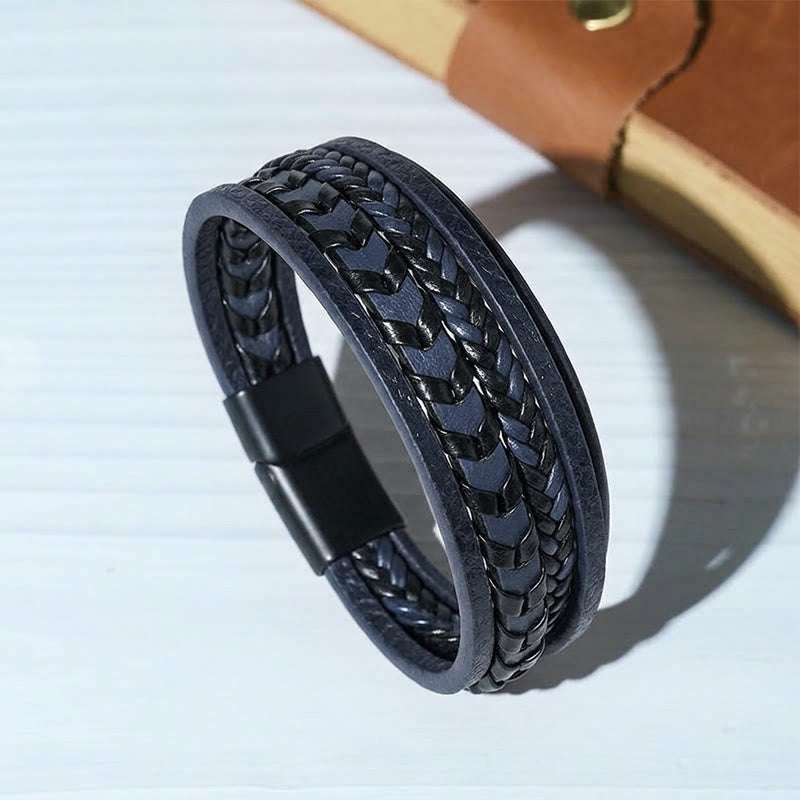 Bracciale multistrato da uomo in pelle intrecciata piatta con chiusura magnetica, stile western. - Blu - 23 cm - image 3