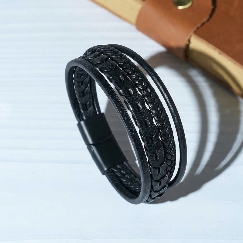 Bracciale multistrato da uomo in pelle intrecciata piatta con chiusura magnetica, stile western. - Nero - 23 cm - image 2