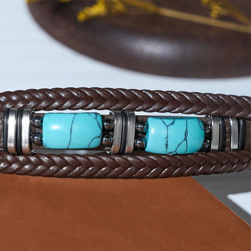 Bracciale da uomo in pelle intrecciata stile western con inserti in turchese. - image 9