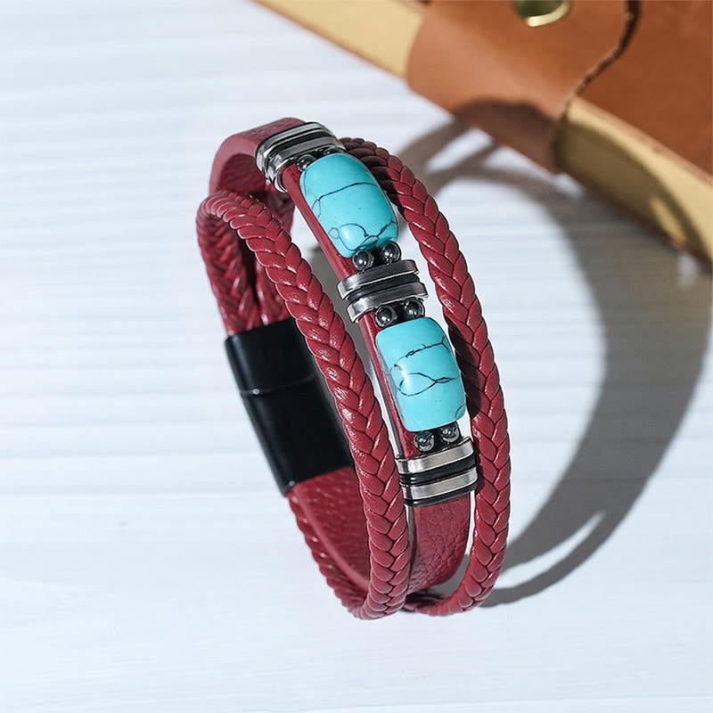 Bracciale da uomo in pelle intrecciata stile western con inserti in turchese. - Rosso - 9,06" / 23 cm - image 2