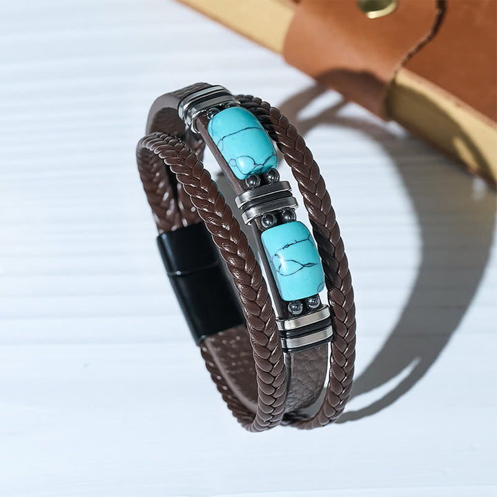 Bracciale da uomo in pelle intrecciata stile western con inserti in turchese. - Marrone - 9,06" / 23 cm - image 0