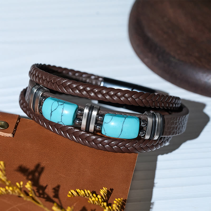 Bracciale da uomo in pelle intrecciata stile western con inserti in turchese. - image 8