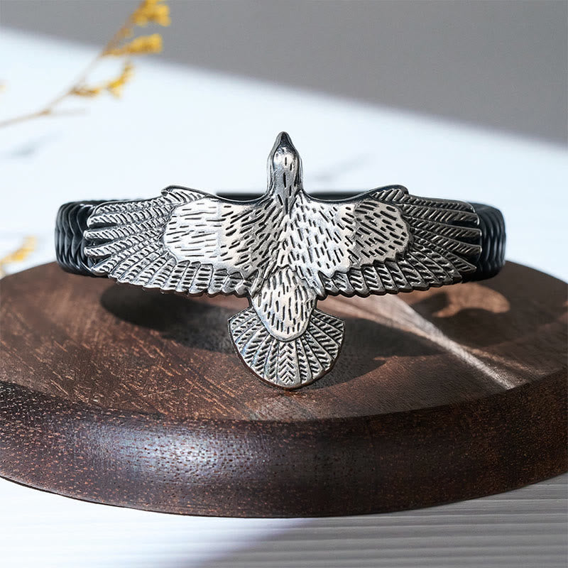 Bracciale da uomo vintage western in pelle intrecciata con aquila ad ali spiegate - image 7