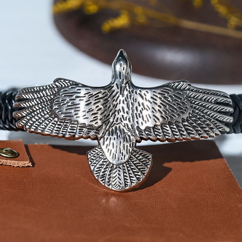 Bracciale da uomo vintage western in pelle intrecciata con aquila ad ali spiegate - image 10
