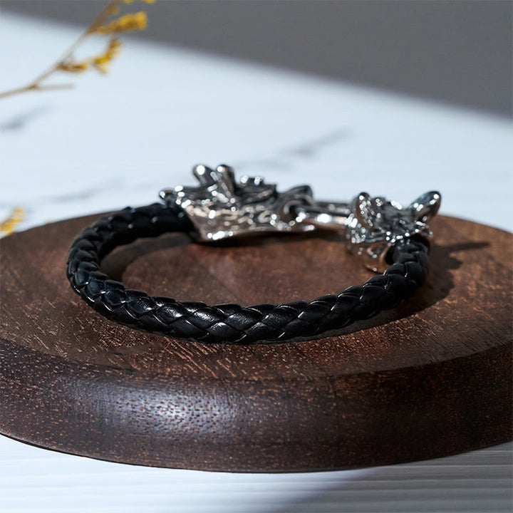 Bracciale da uomo vintage vichingo in pelle intrecciata con doppia testa di lupo - image 4