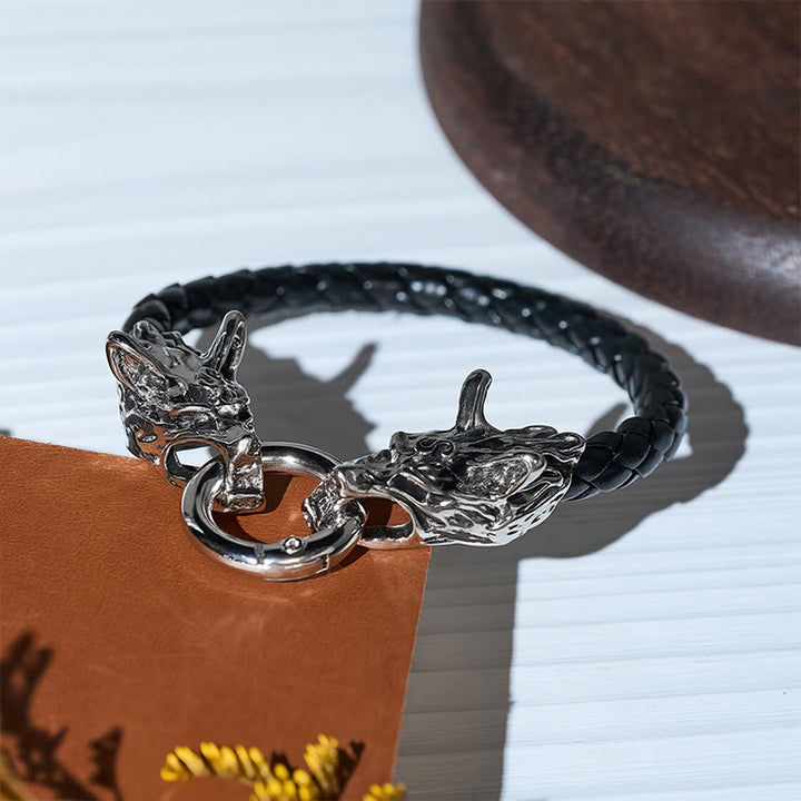 Bracciale da uomo vintage vichingo in pelle intrecciata con doppia testa di lupo - image 3