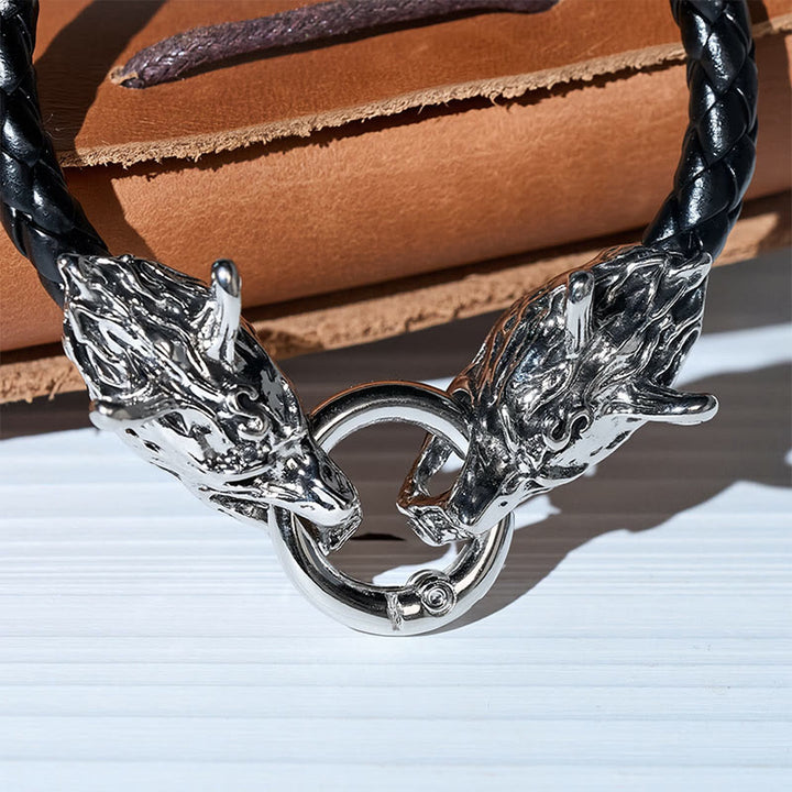 Bracciale da uomo vintage vichingo in pelle intrecciata con doppia testa di lupo - image 5