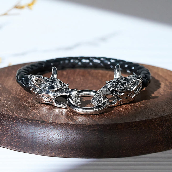 Bracciale da uomo vintage vichingo in pelle intrecciata con doppia testa di lupo - 23 cm - image 0